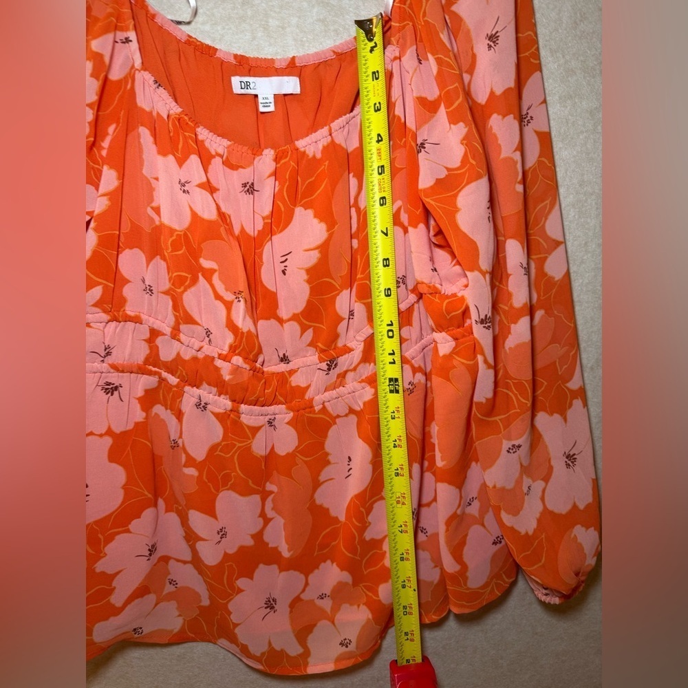 DR2 by Daniel Rainn Sheer Peasant Blouse Orange Pink Flower Design Size XXL - Picture 6 of 7